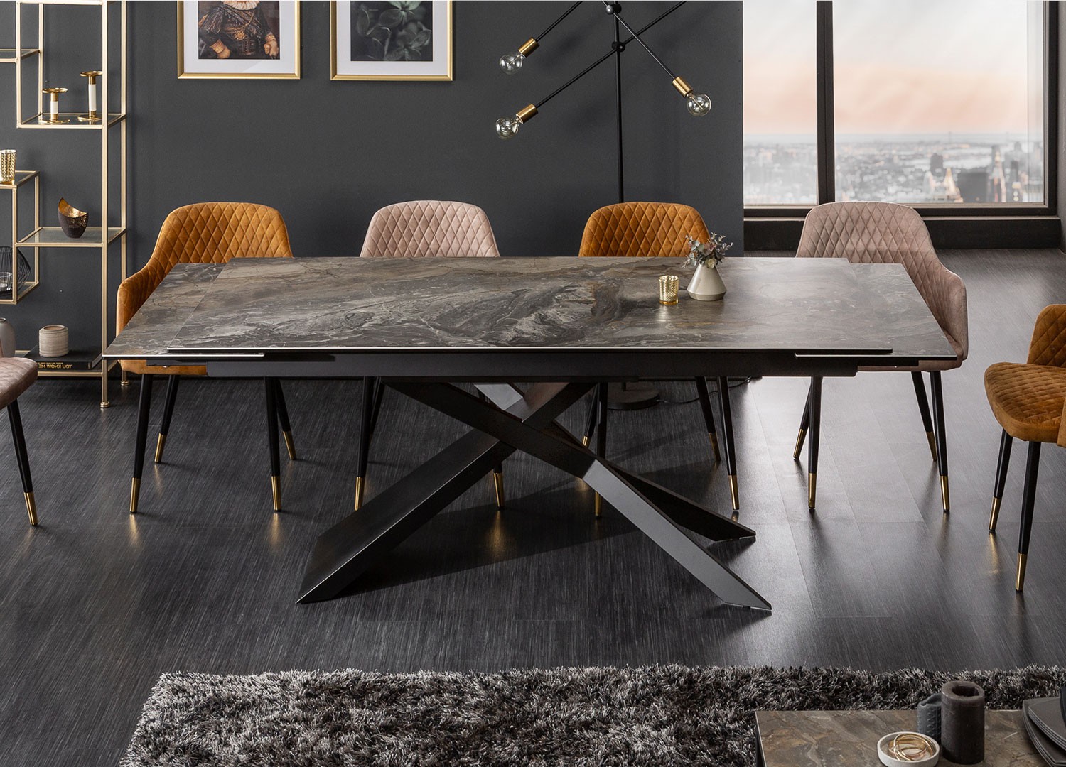 Table à manger extensible 180-220-260 cm céramique taupe aspect marbre