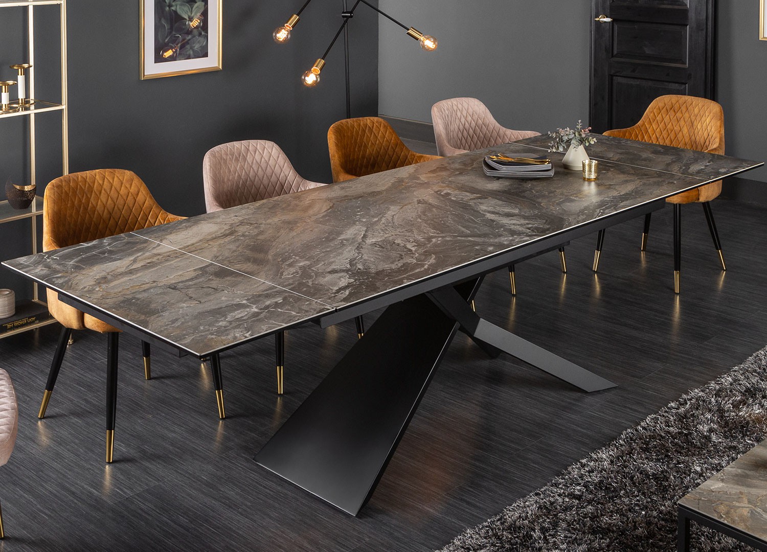 Table à manger extensible 180-220-260 cm céramique taupe aspect marbre
