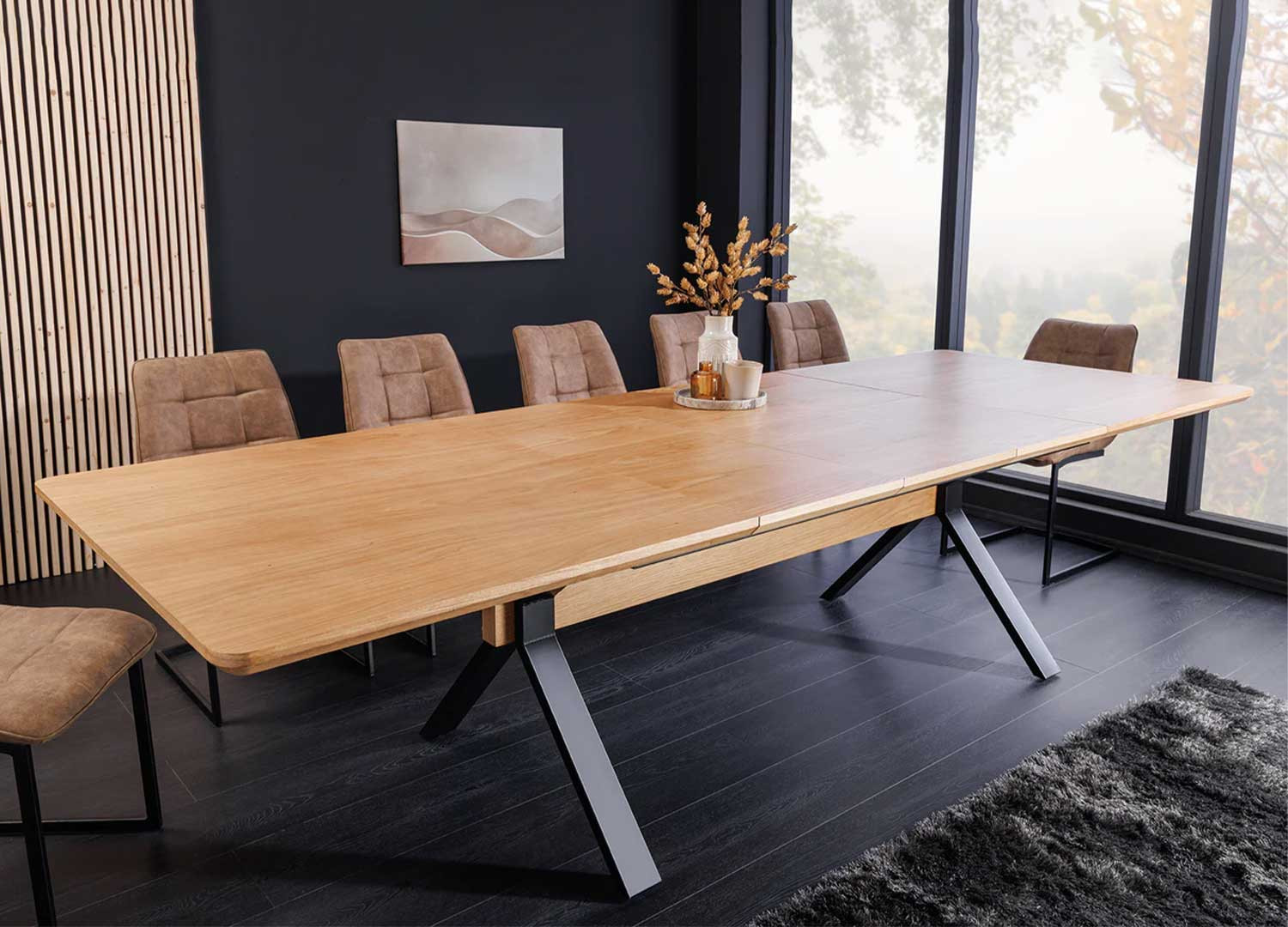 Table à manger extensible 180-300 cm aspect chêne et métal Armando