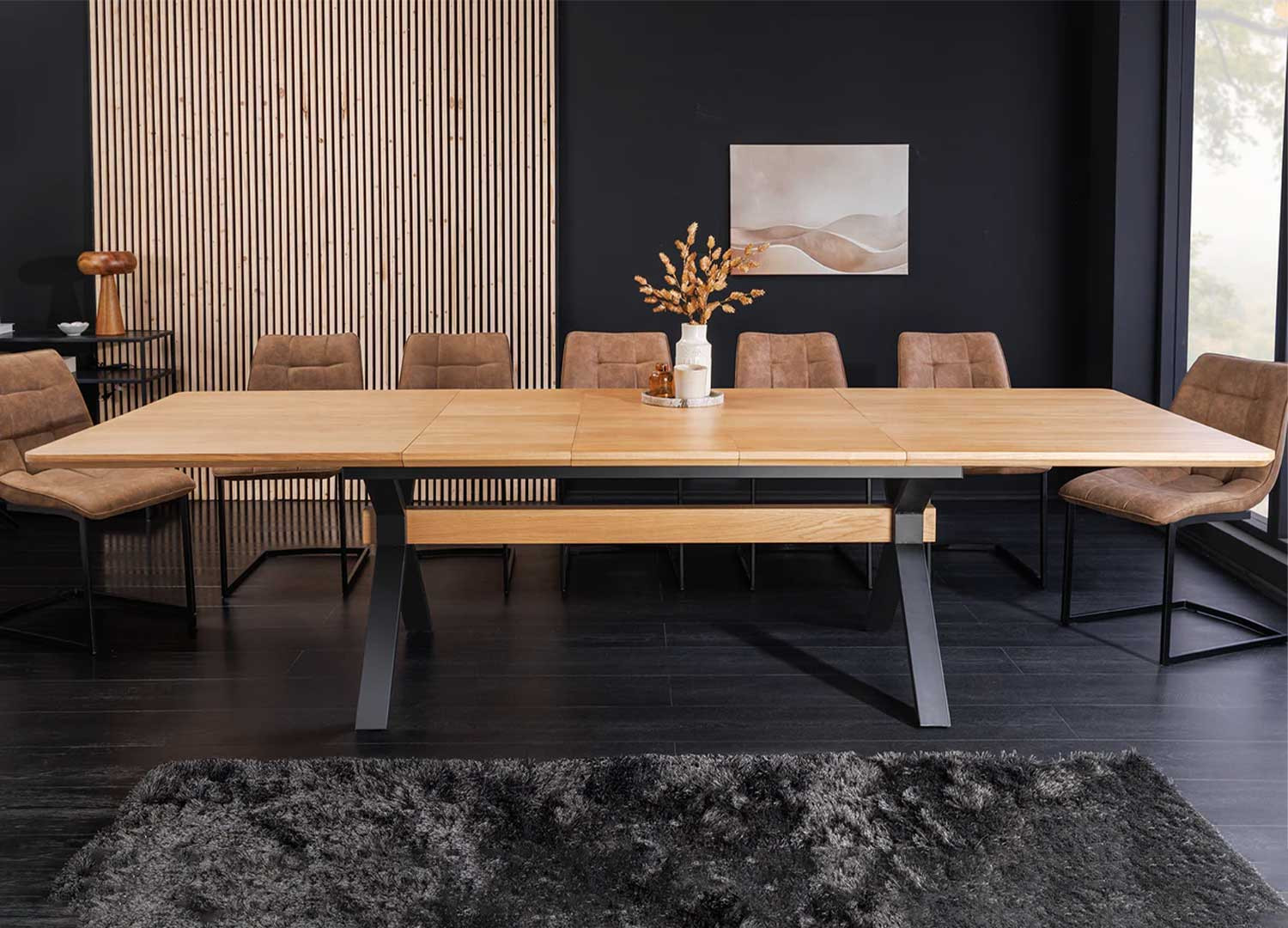 Table à manger extensible 180-300 cm aspect chêne et métal Armando