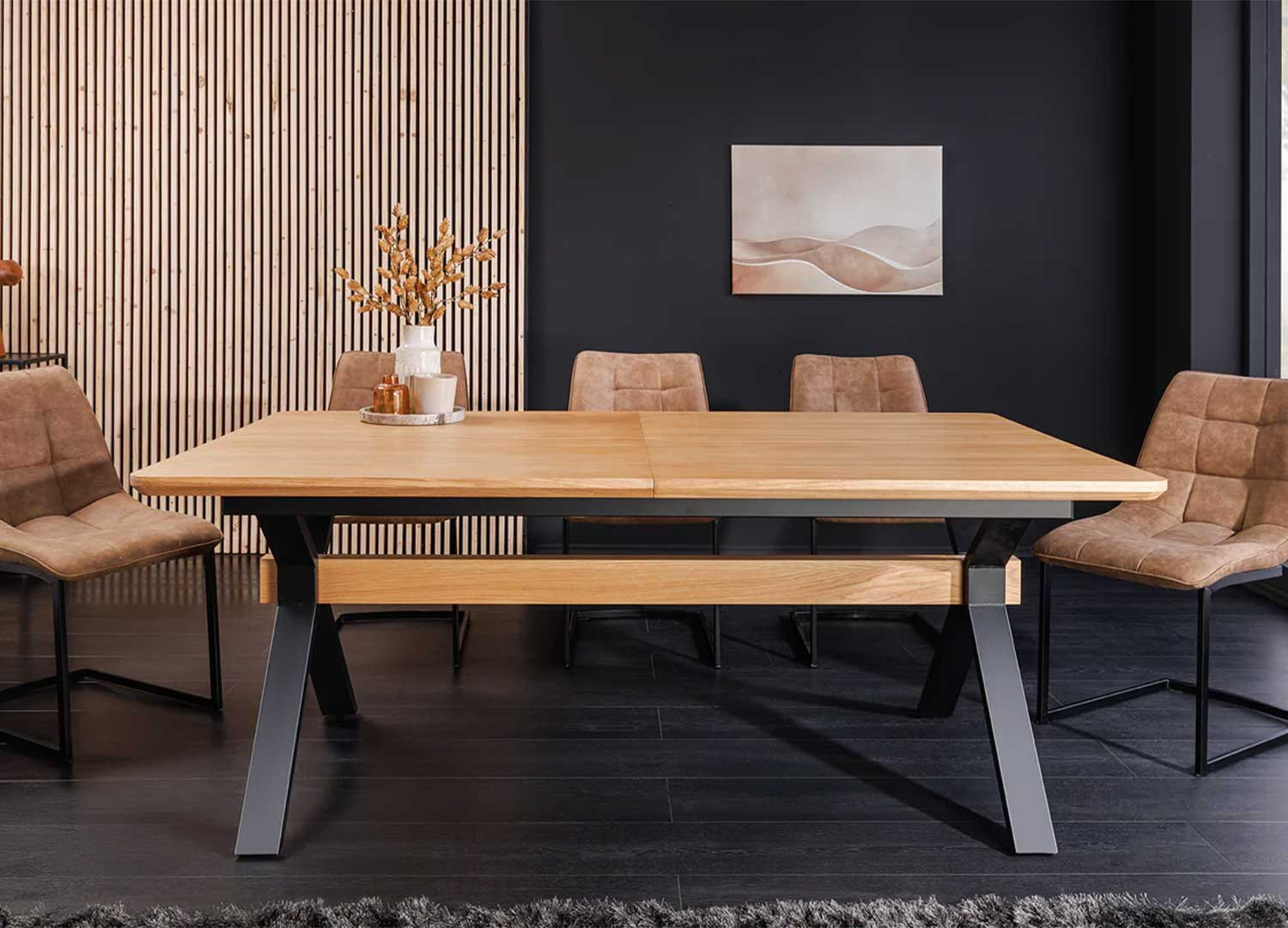 Table à manger extensible 180-300 cm aspect chêne et métal Armando