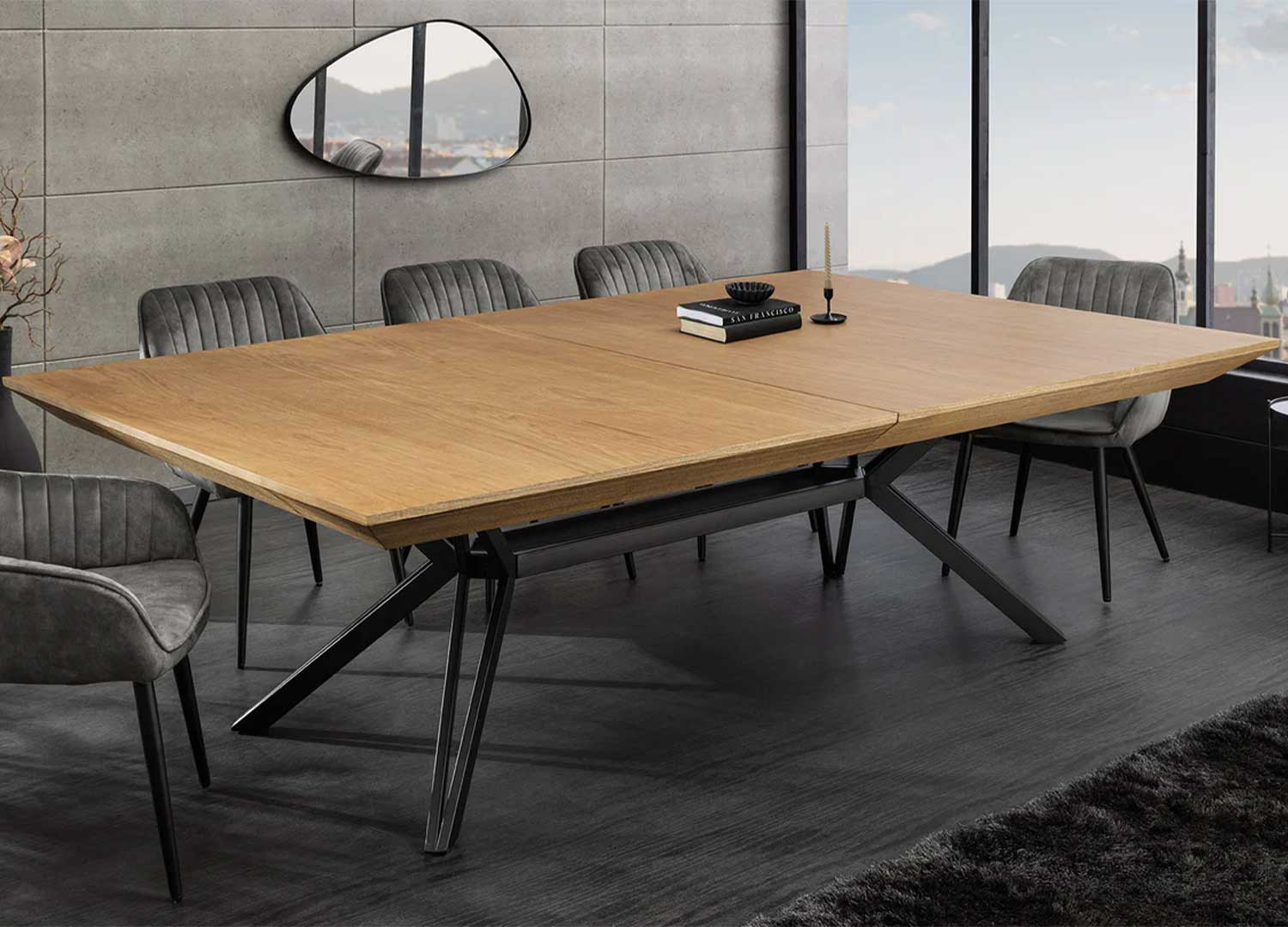 Table à manger extensible 200-320 cm aspect chêne et métal Armando