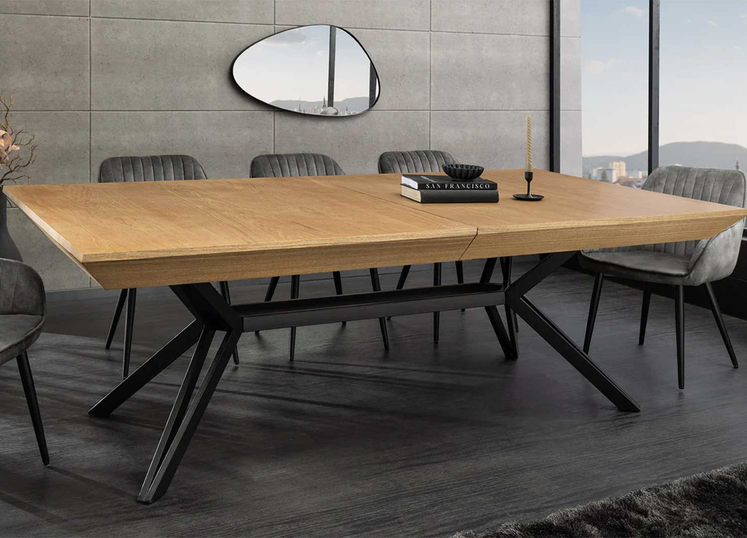 Table à manger extensible 200-320 cm aspect chêne et métal Armando