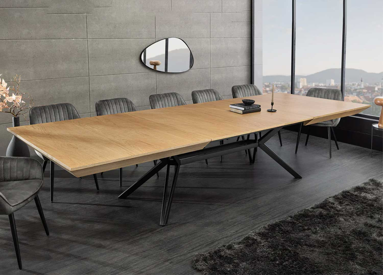 Table à manger extensible 200-320 cm aspect chêne et métal Armando