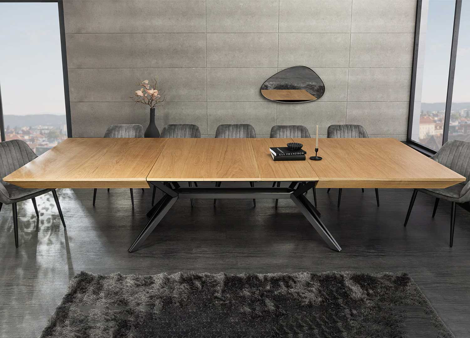 Table à manger extensible 200-320 cm aspect chêne et métal Armando