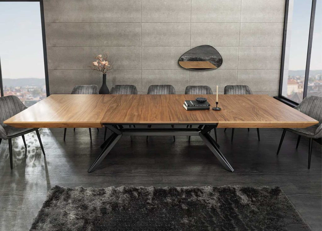 Table à manger extensible 200-320 cm aspect noyer et métal Armando