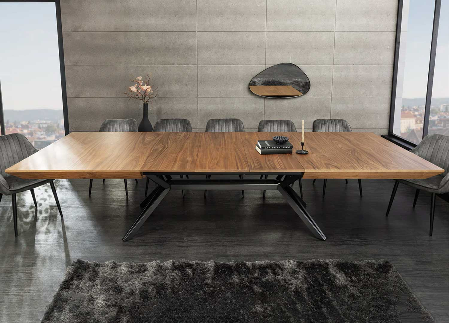Table à manger extensible 200-320 cm aspect noyer et métal Armando