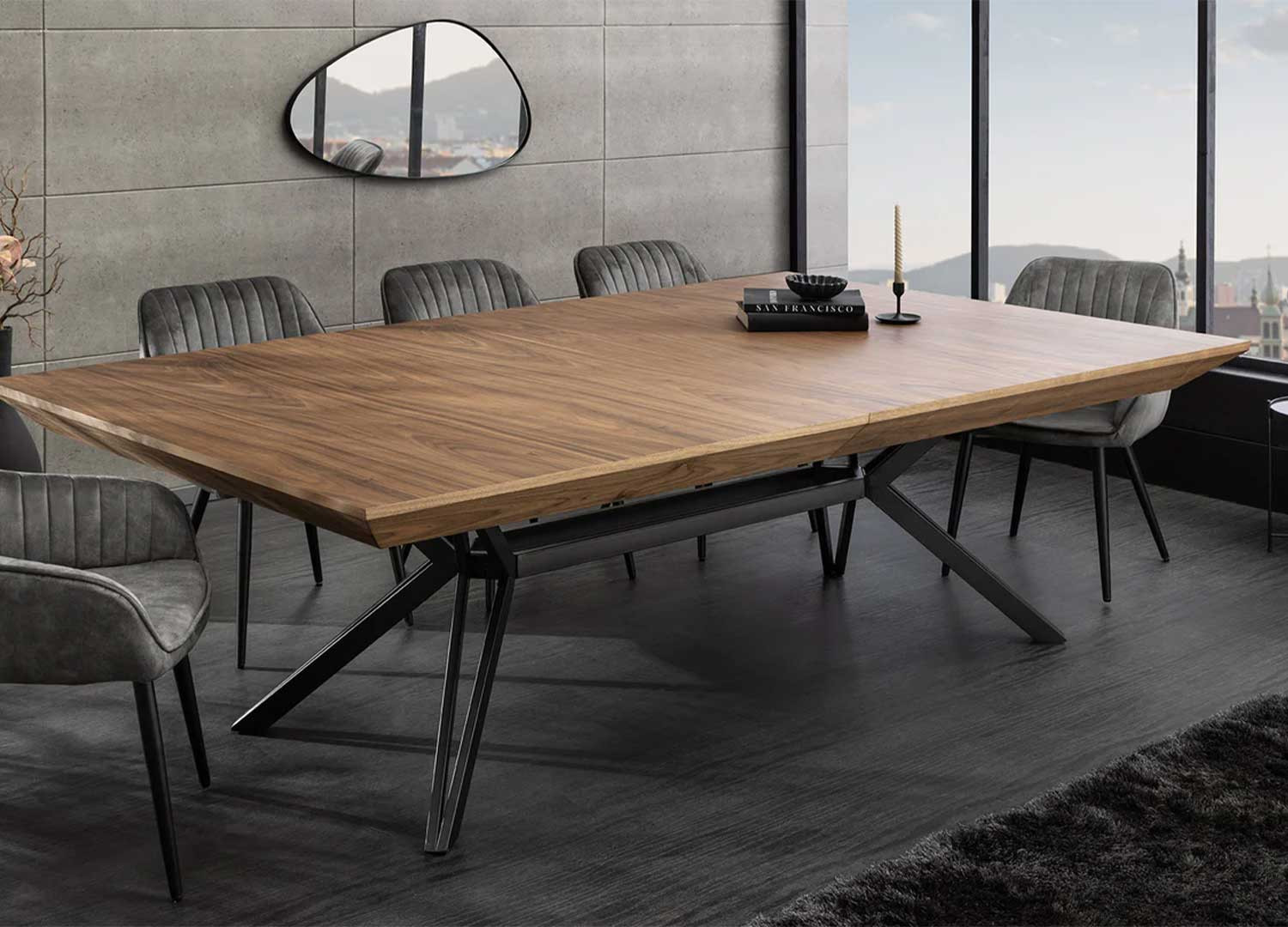 Table à manger extensible 200-320 cm aspect noyer et métal Armando