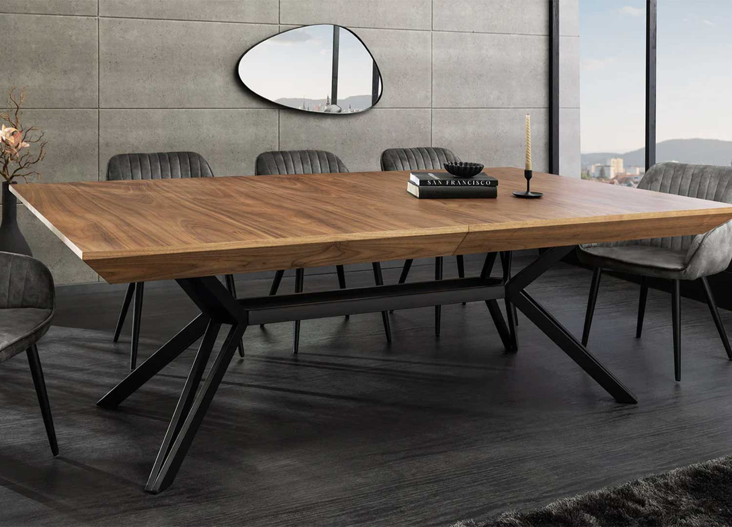 Table à manger extensible 200-320 cm aspect noyer et métal Armando