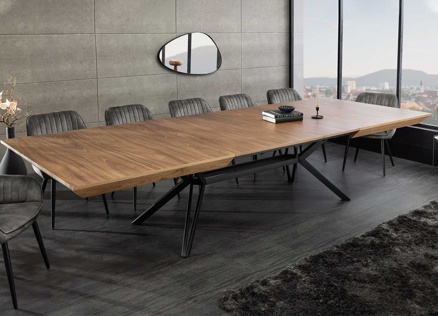 Table à manger extensible 200-320 cm aspect noyer et métal Armando