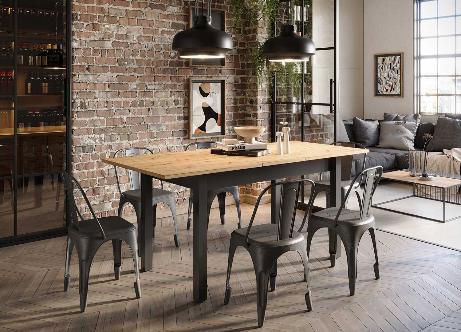 Table à manger extensible chêne artisan et noir Edge
