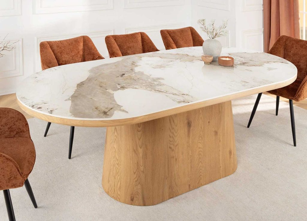 Table à manger ovale 200 cm céramique marbre blanc et bois Calista