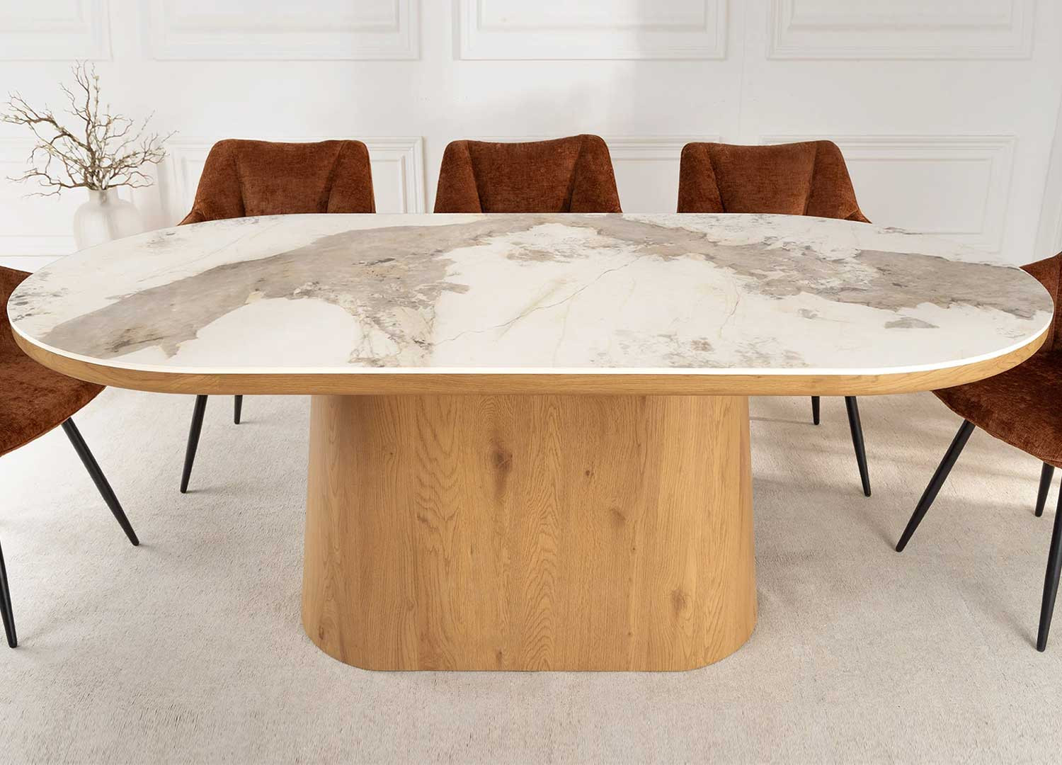 Table à manger ovale 200 cm céramique marbre blanc et bois Calista