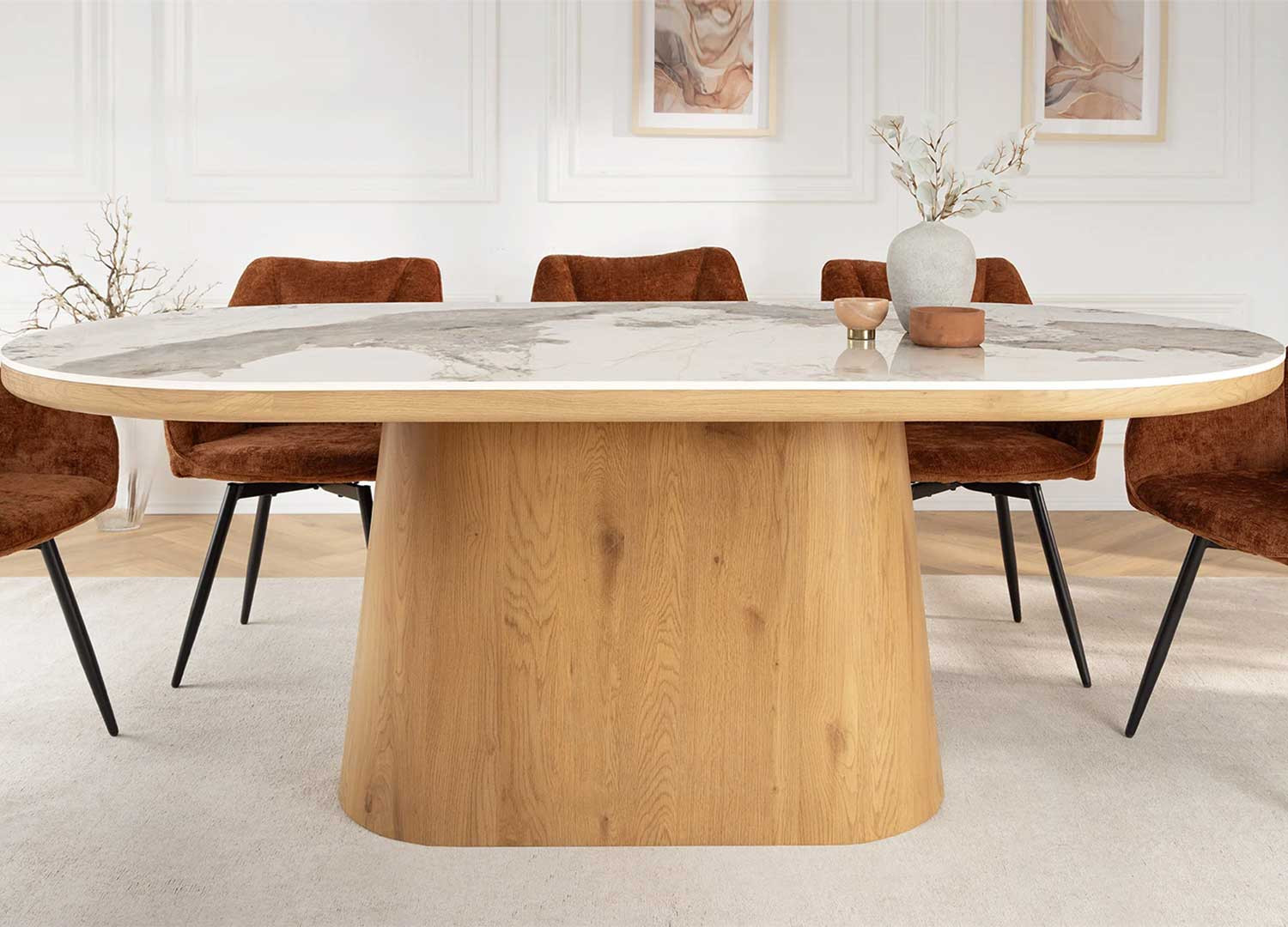 Table à manger ovale 200 cm céramique marbre blanc et bois Calista