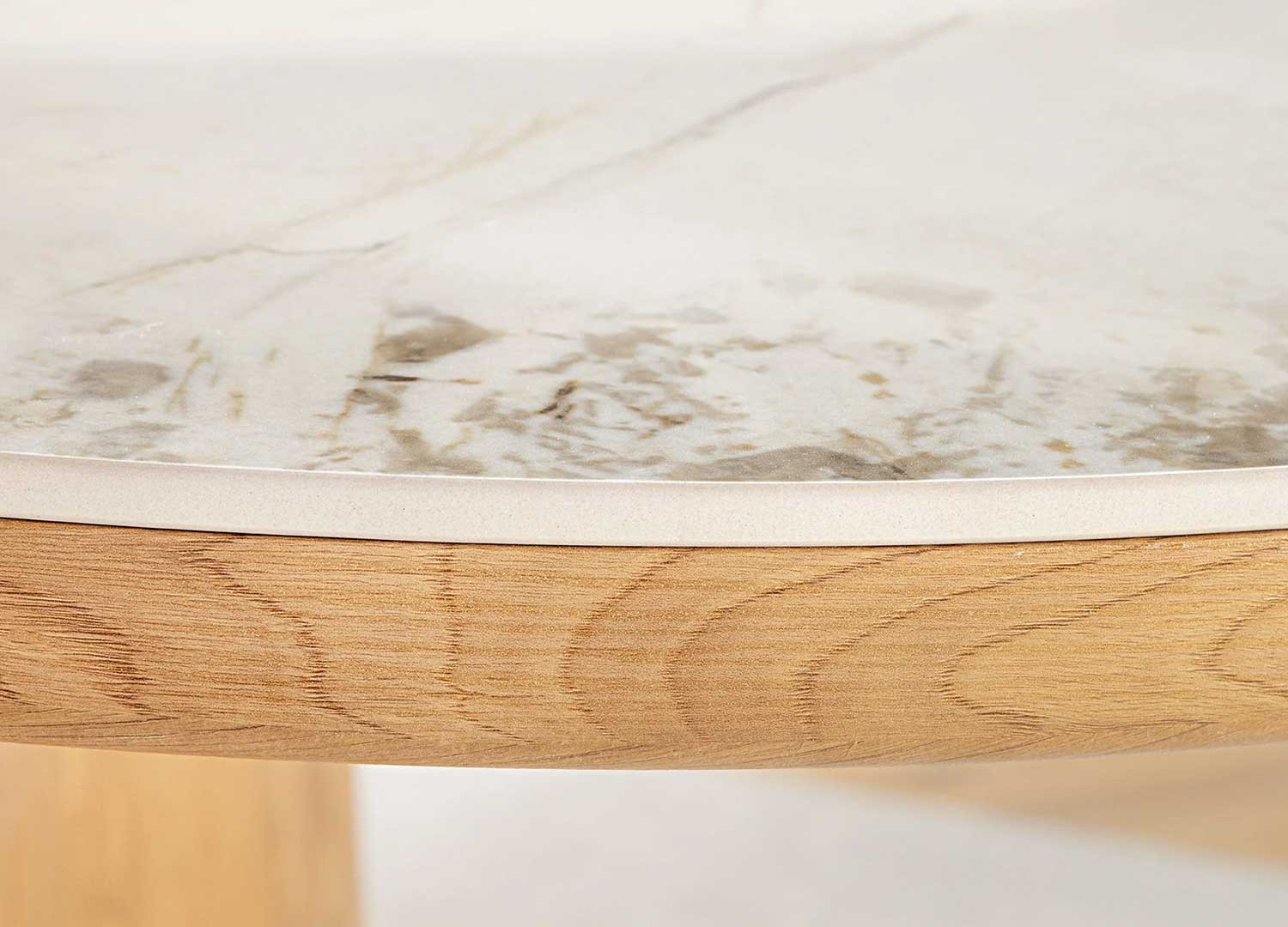 Table à manger ovale 200 cm céramique marbre blanc et bois Calista