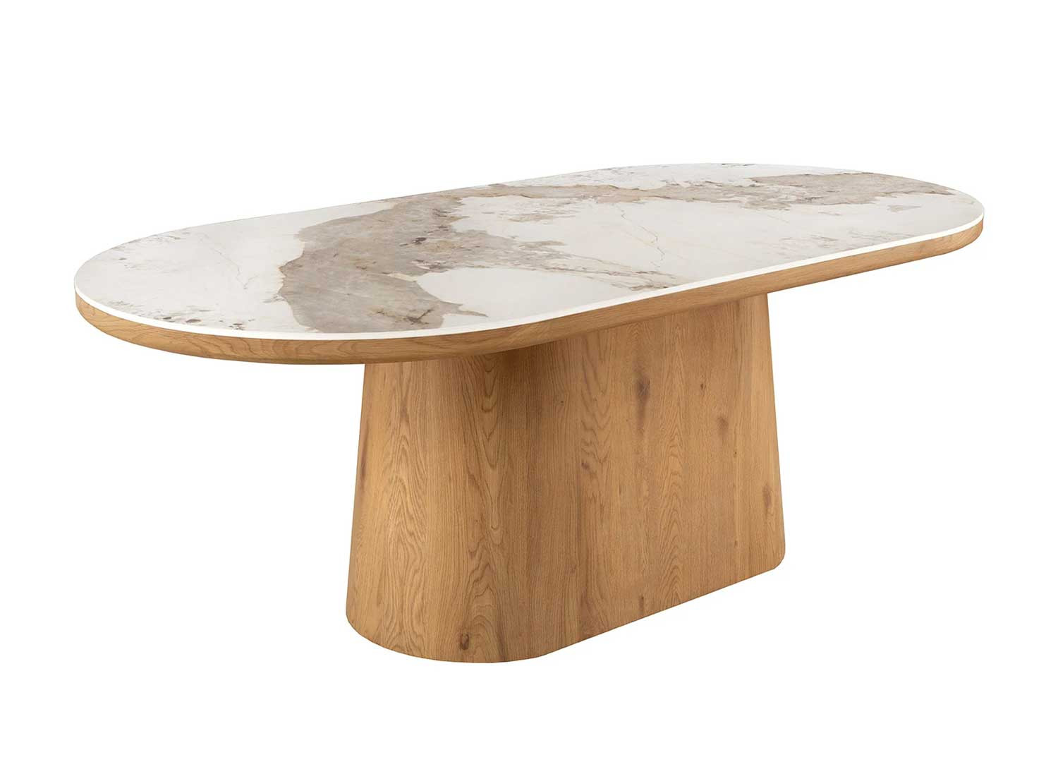 Table à manger ovale 200 cm céramique marbre blanc et bois Calista