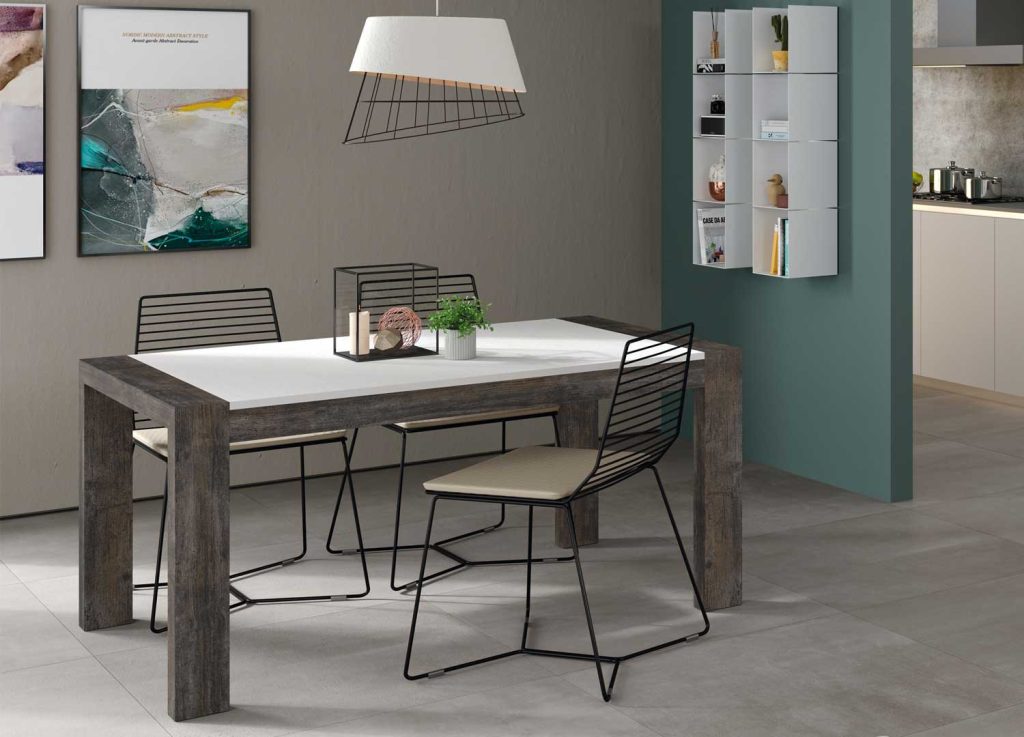 Table à manger rectangulaire extensible 2 allonges bois blanc et borneo