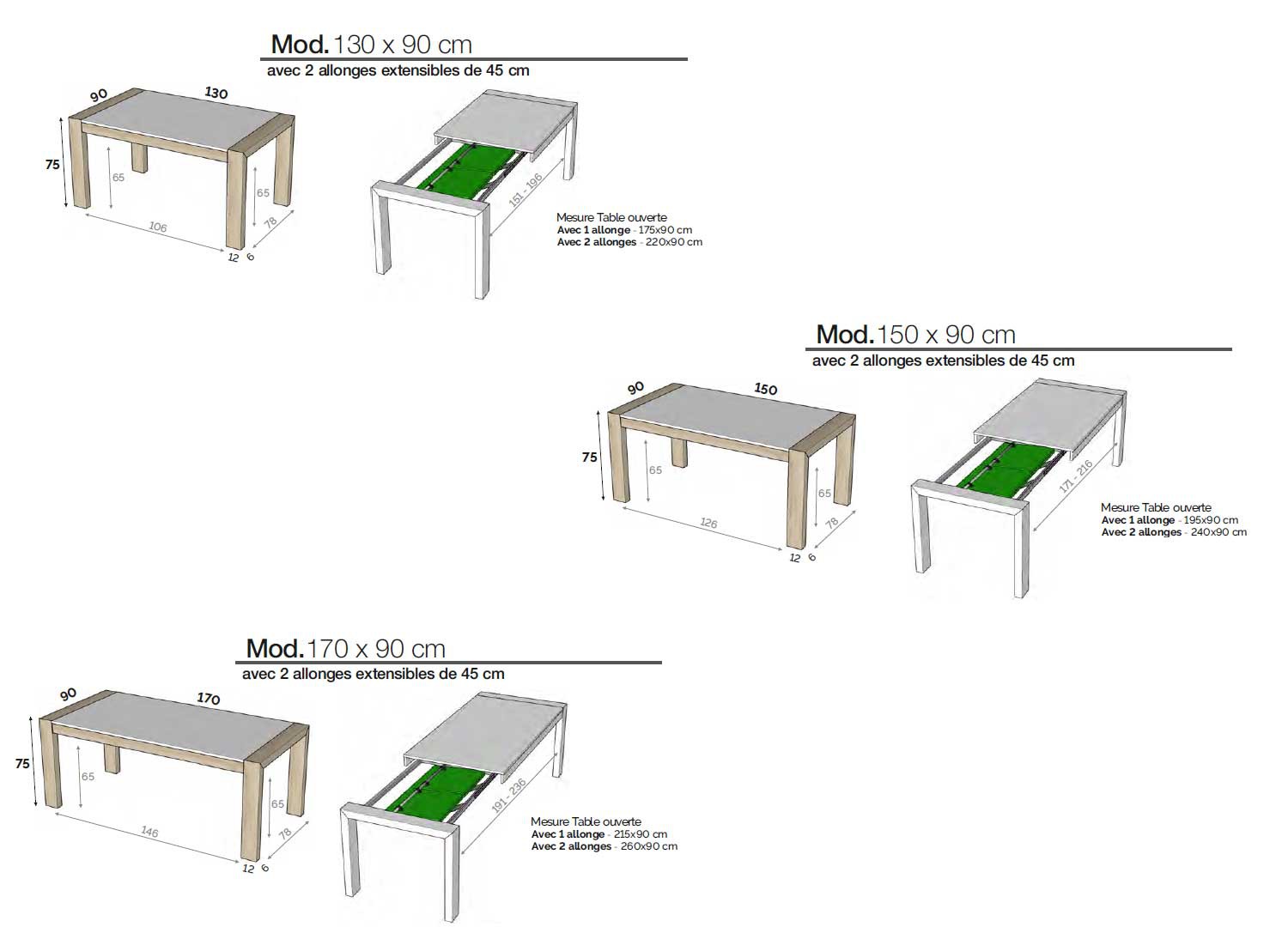 Table à manger rectangulaire extensible 2 allonges bois blanc et borneo