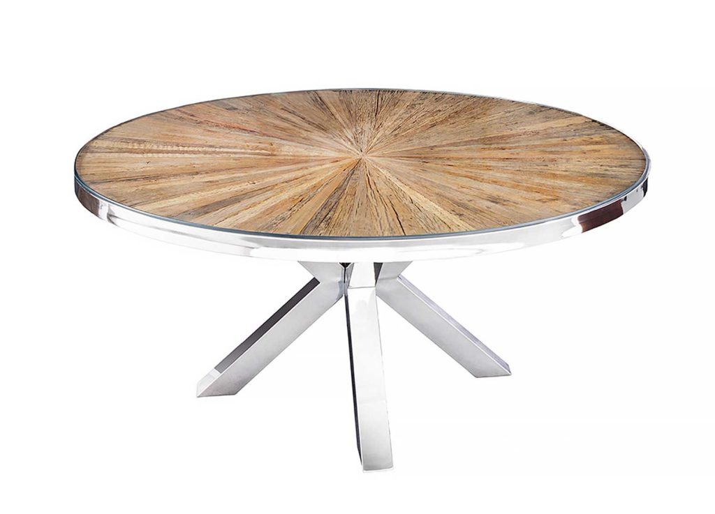 Table à manger ronde teck et verre avec pied central chromé