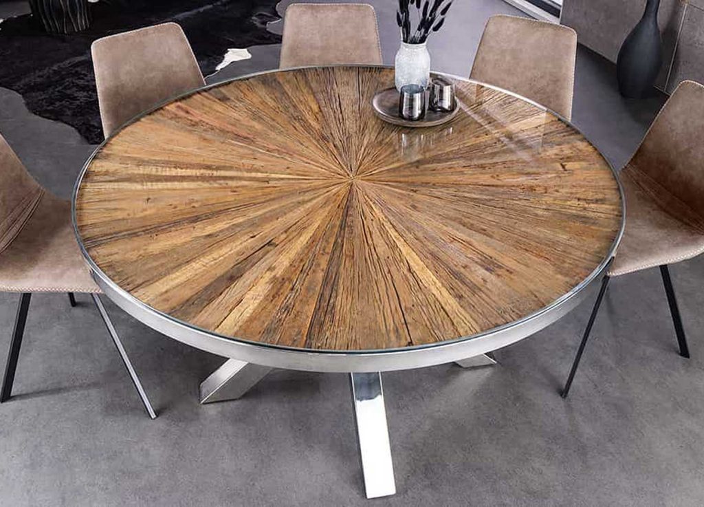 Table à manger ronde 120 cm teck et verre avec pied central chromé