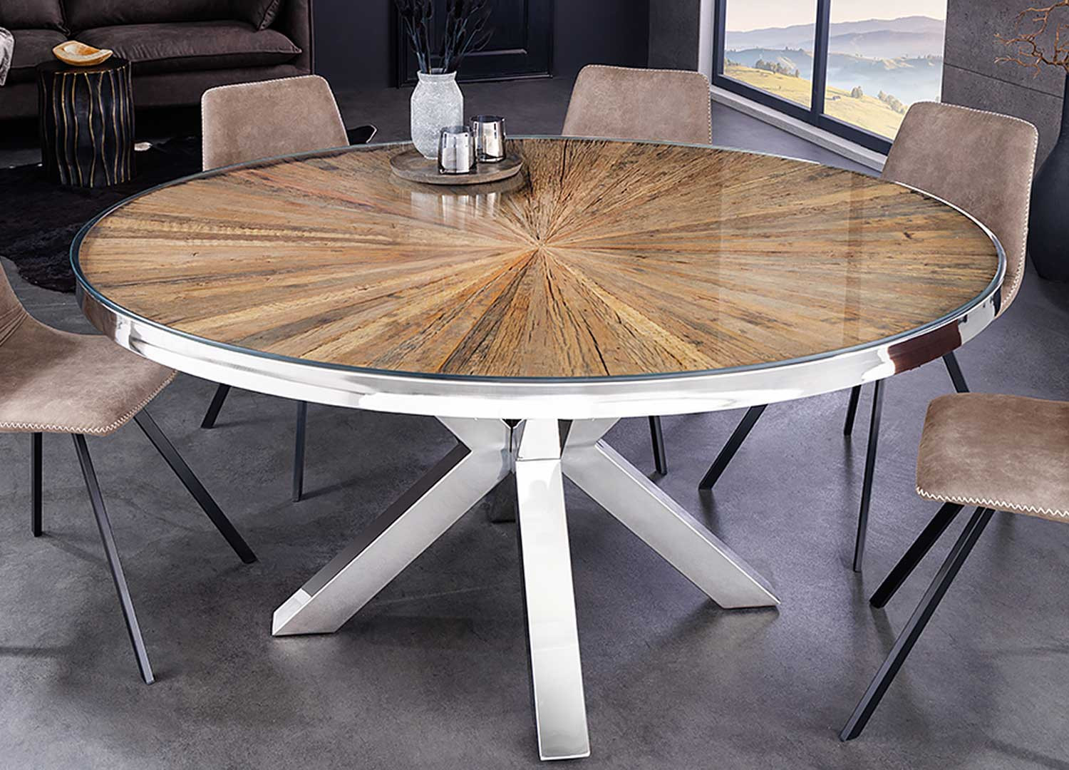 Table à manger ronde teck et verre avec pied central chromé