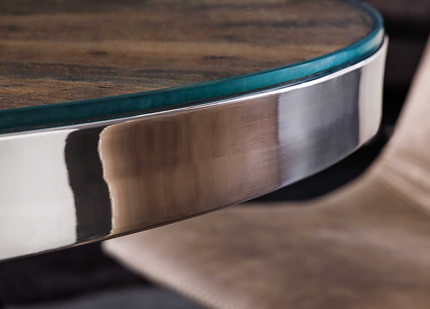 Table à manger ronde teck et verre avec pied central chromé