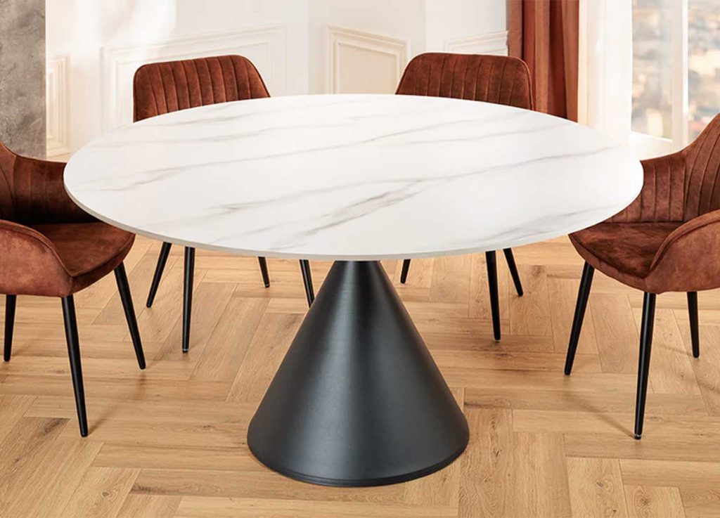 Table à manger ronde 135 cm céramique blanc et pied central Ariana