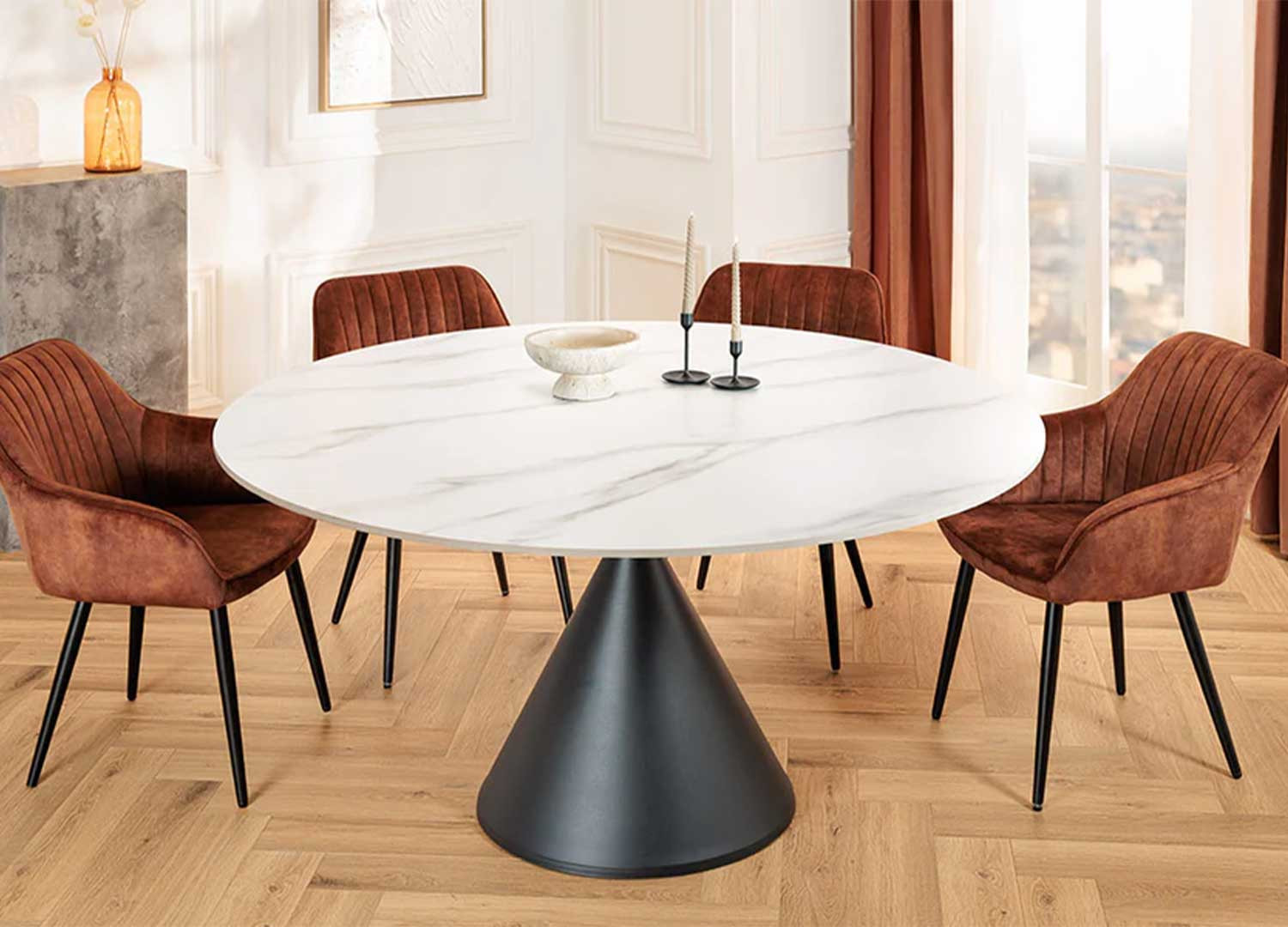 Table à manger ronde 135 cm céramique blanc et pied central Ariana