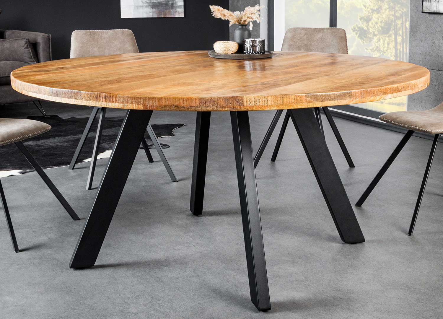 Table à manger ronde 145 cm bois de manguier et métal noir