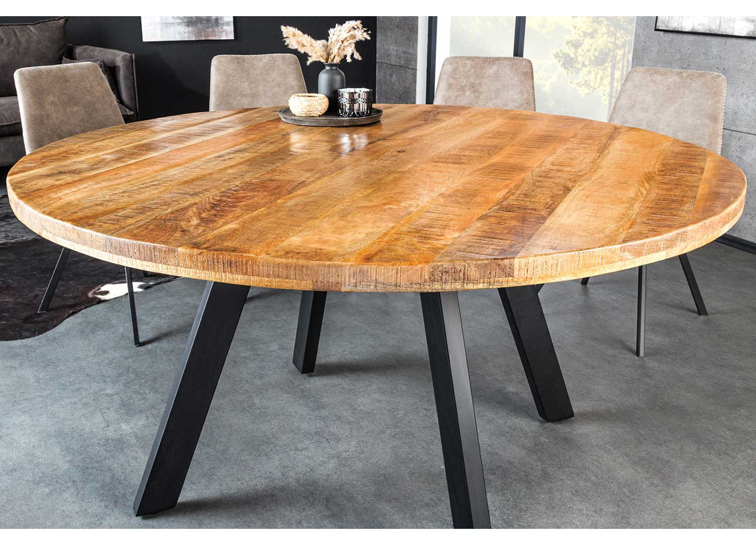 Table à manger ronde 145 cm bois de manguier et métal noir