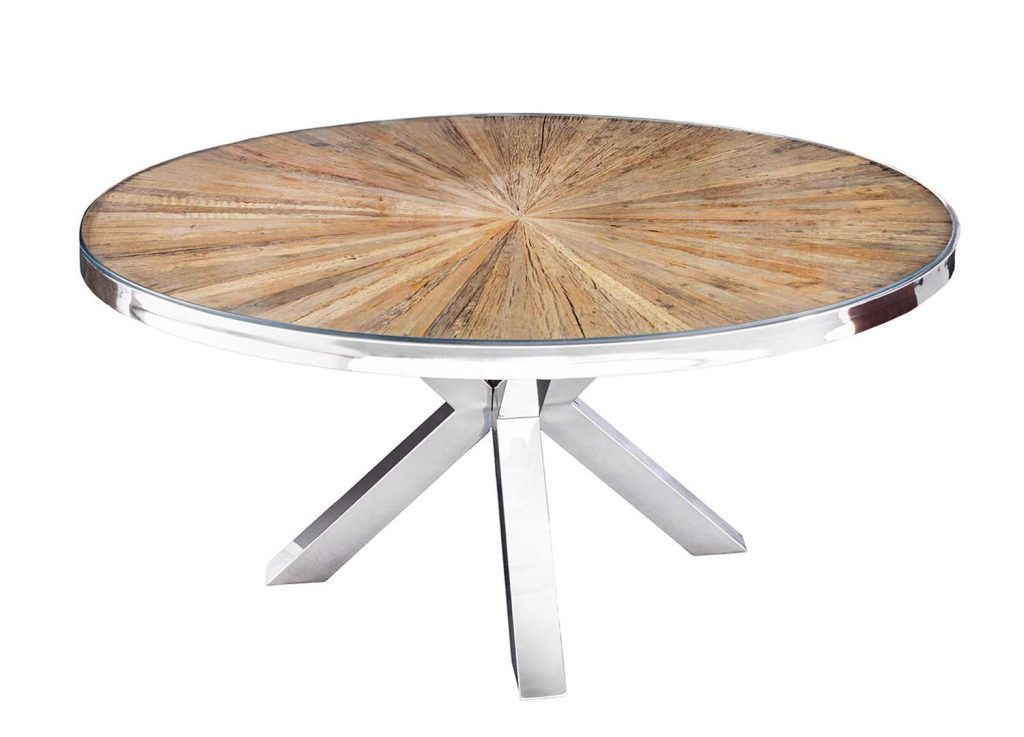 Table à manger ronde 140 cm bois de teck et verre avec pied central chromé