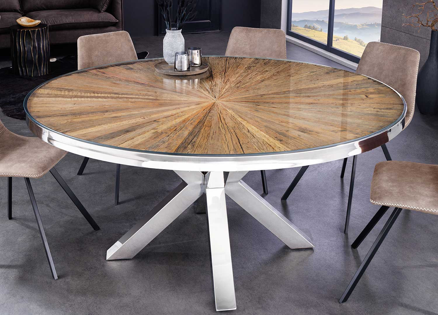 Table à manger ronde 140 cm bois de teck et verre avec pied central chromé