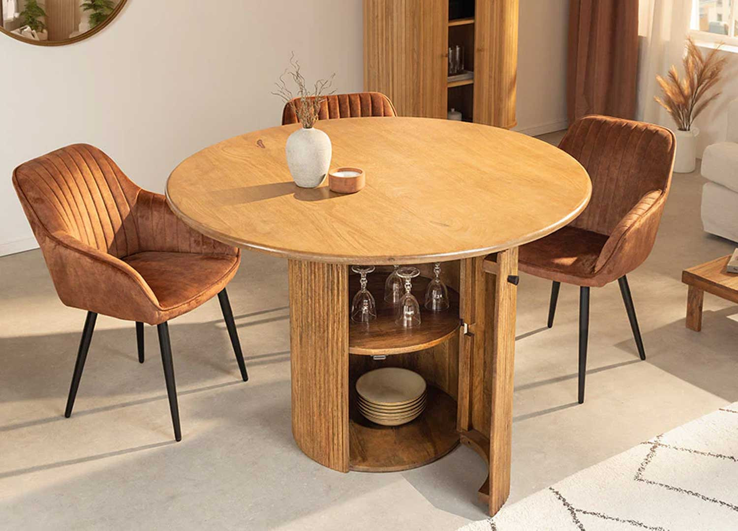 Table à manger ronde avec rangement en manguier Riven
