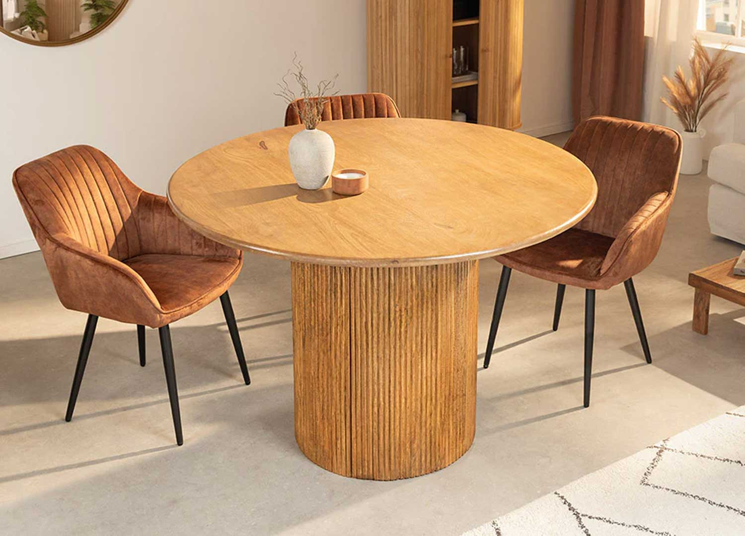 Table à manger ronde avec rangement en manguier Riven