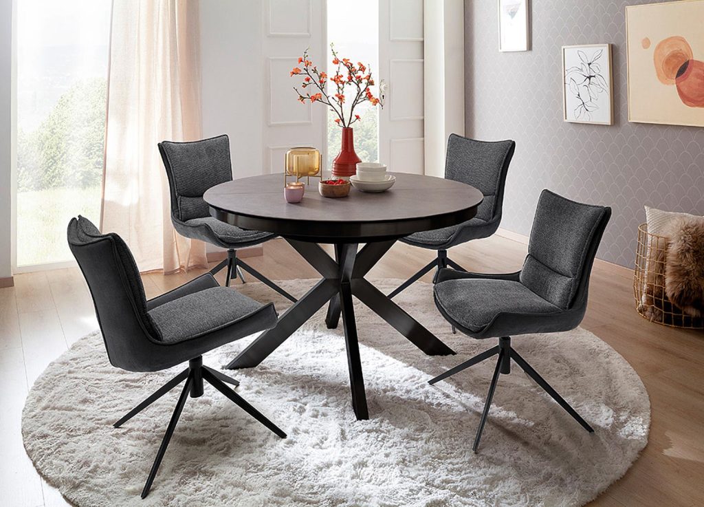 Table à manger ronde céramique anthracite et pied acier noir
