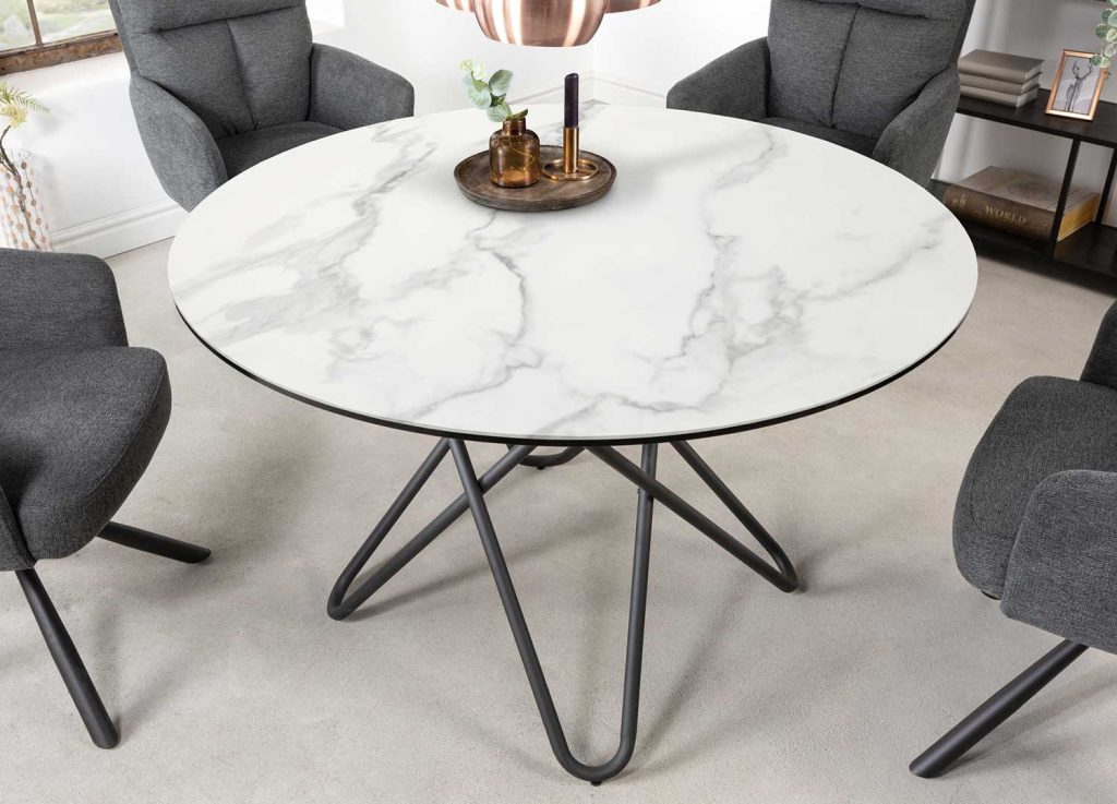 Table à manger ronde céramique marbre blanc et métal