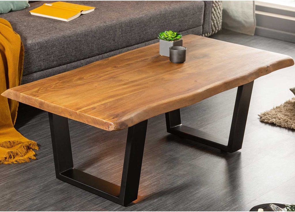 Table basse 110 cm bois d'acacia miel et pied en métal noir