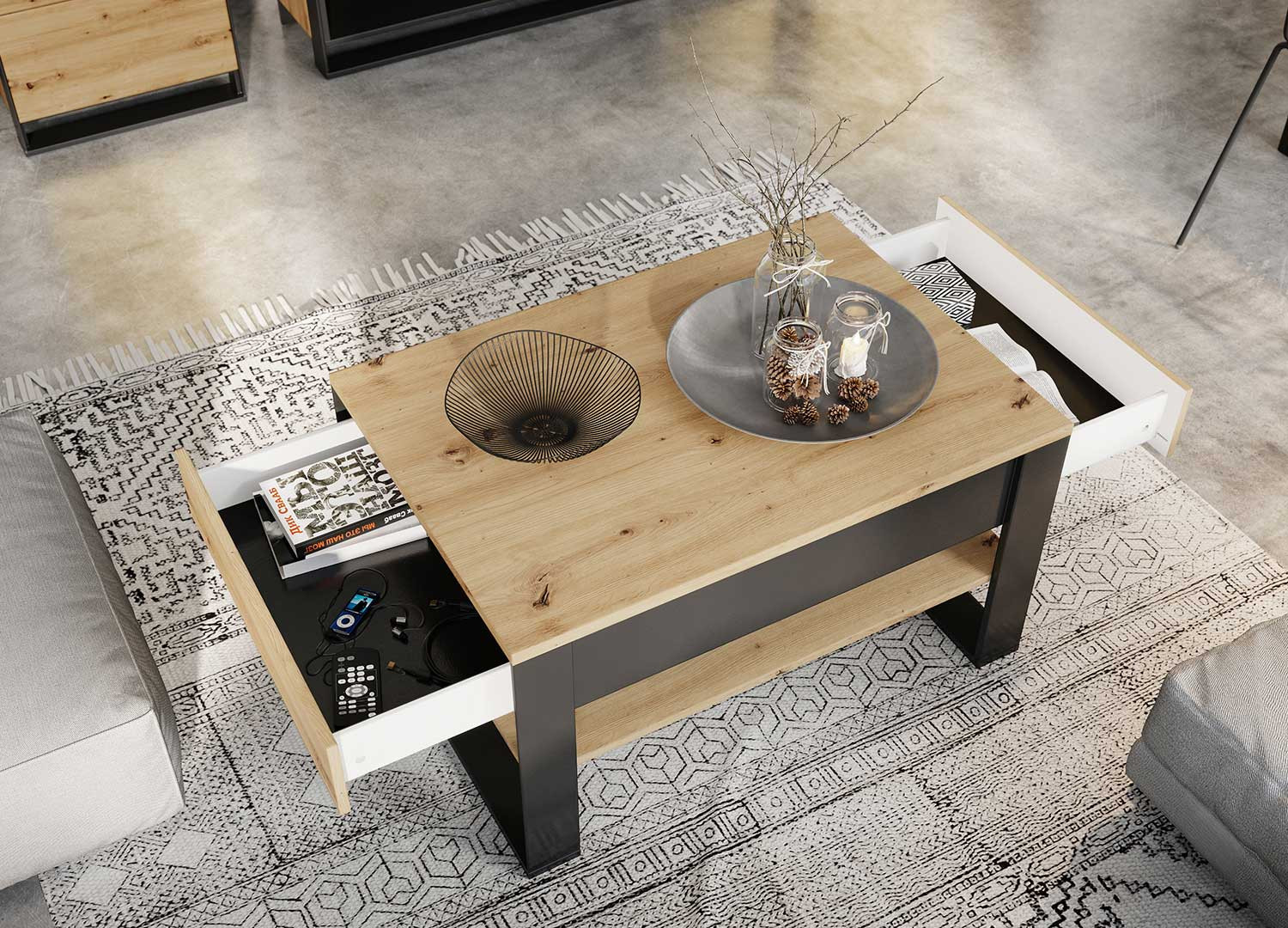 Table basse 2 tiroirs 100 cm chêne artisan et noir Edge