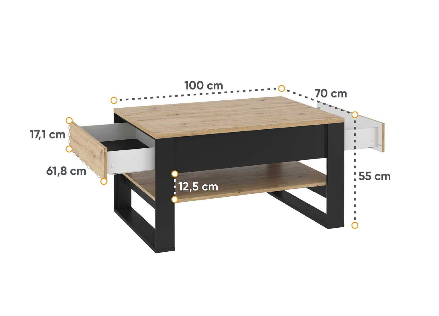 Table basse 2 tiroirs 100 cm chêne artisan et noir Edge