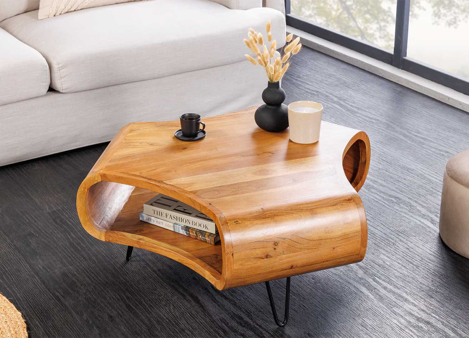 Table basse 90 cm en acacia finition miel Nivor