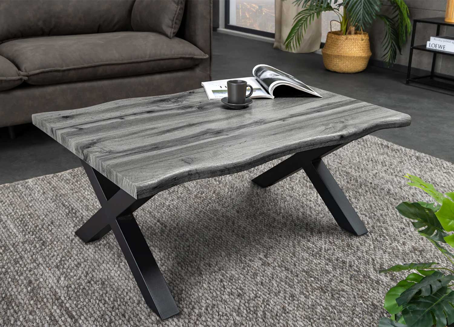 Table basse 90 cm en bois aspect chêne sauvage gris Joka