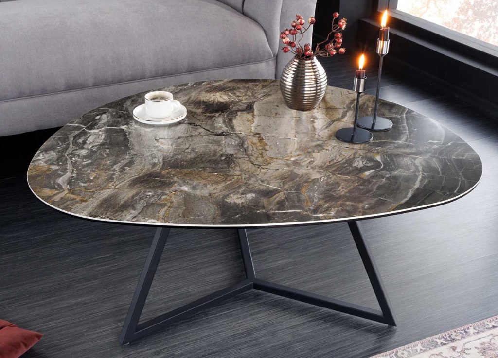 Table basse 90 cm forme galet céramique taupe