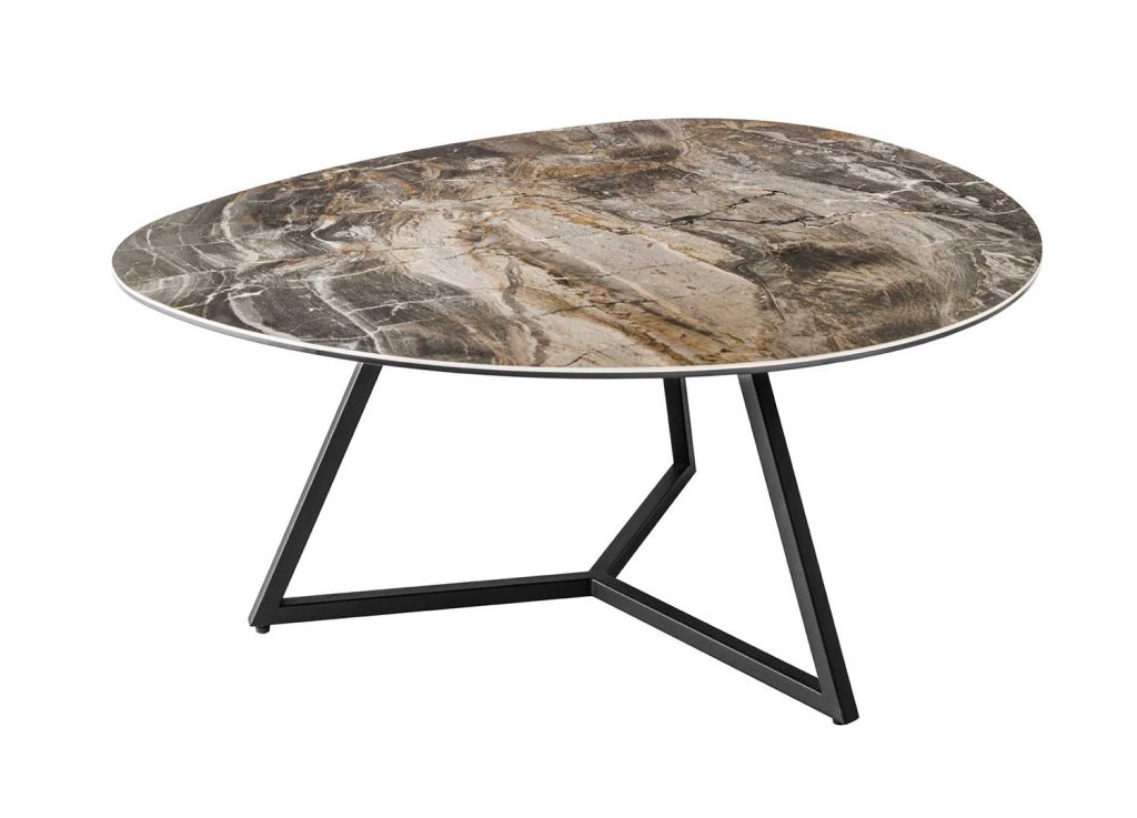 Table basse 90 cm forme galet céramique taupe
