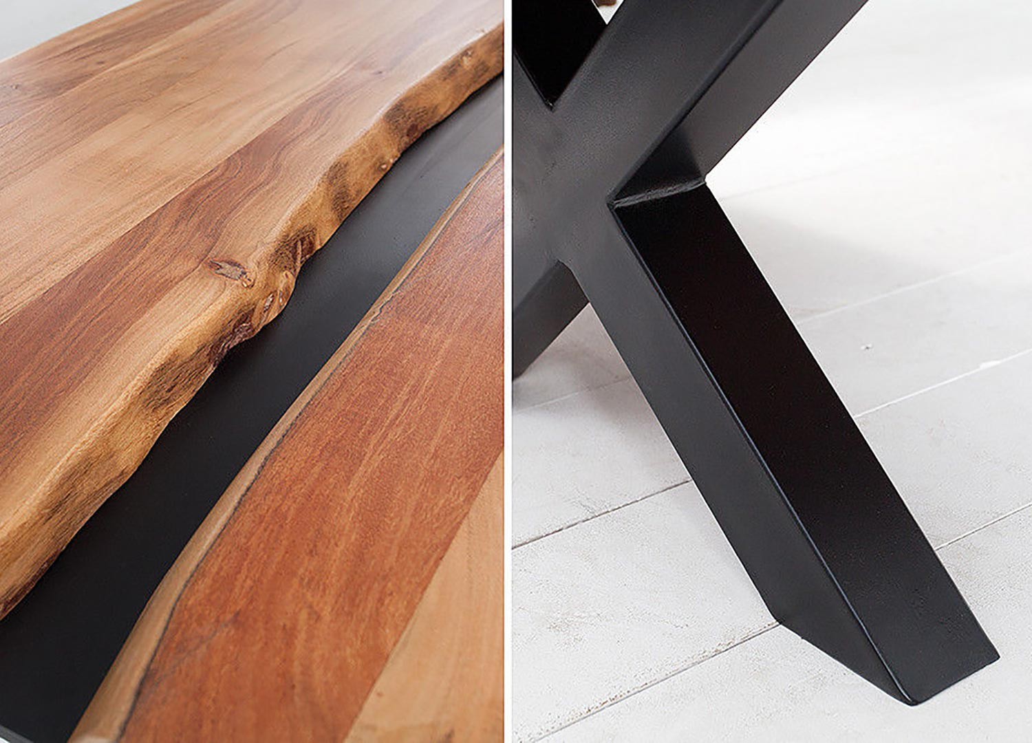 Table basse acacia massif et décor noir métal