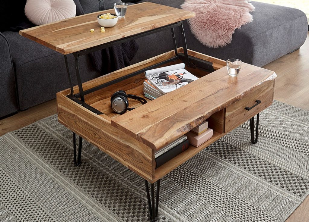 Table basse avec plateau relevable et pied épingle métal noir