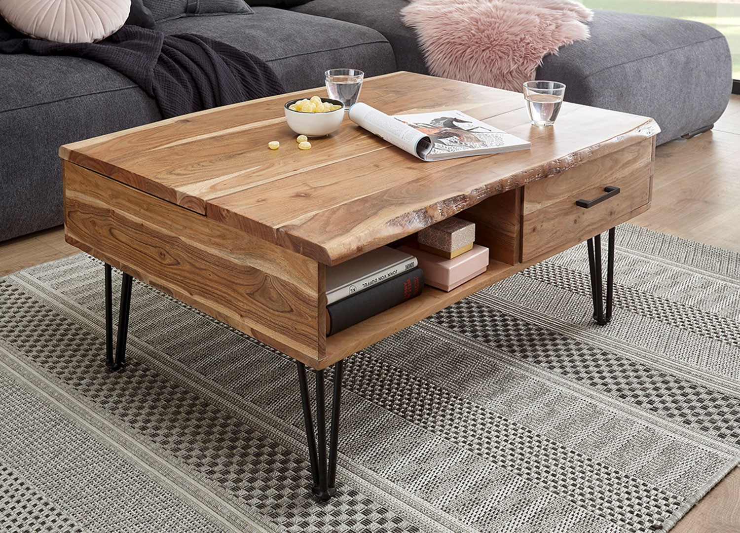 Table basse avec plateau relevable et pied épingle métal noir