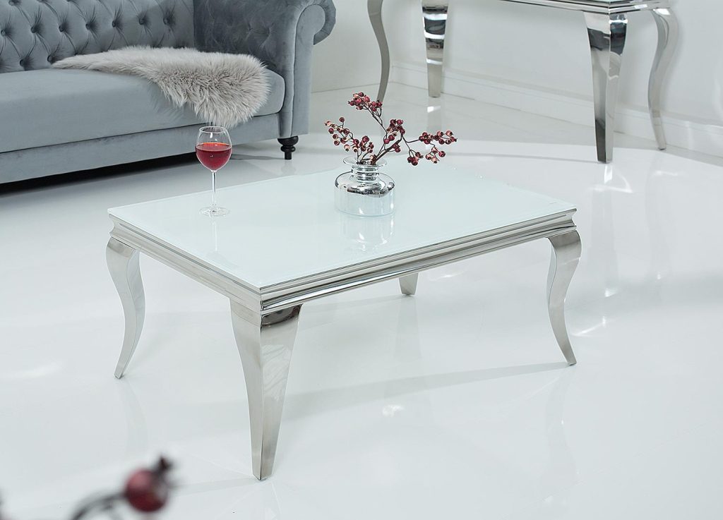 Table basse baroque verre opale blanc et pied en acier poli