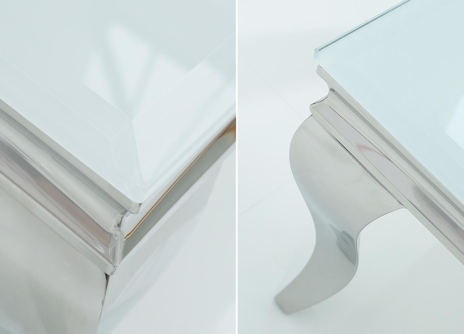 Table basse baroque verre opale blanc et pied en acier poli