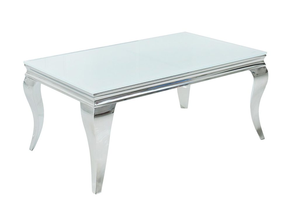 Table basse baroque verre opale blanc et pied en acier poli