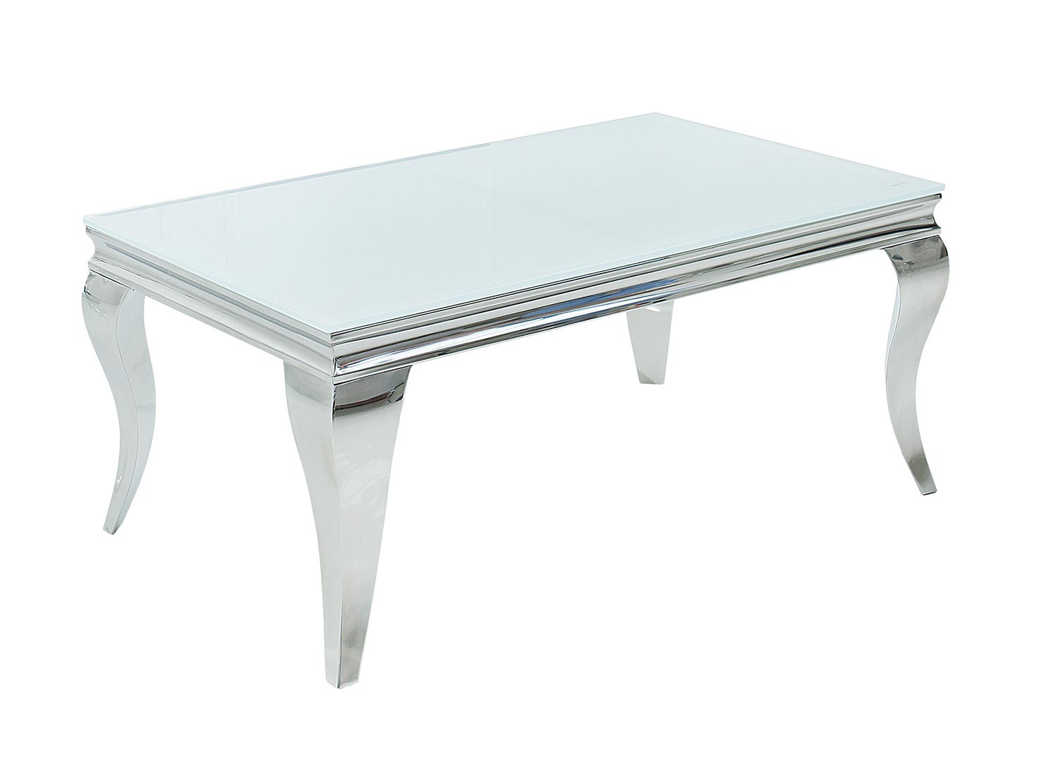 Table basse baroque verre opale blanc et pied en acier poli